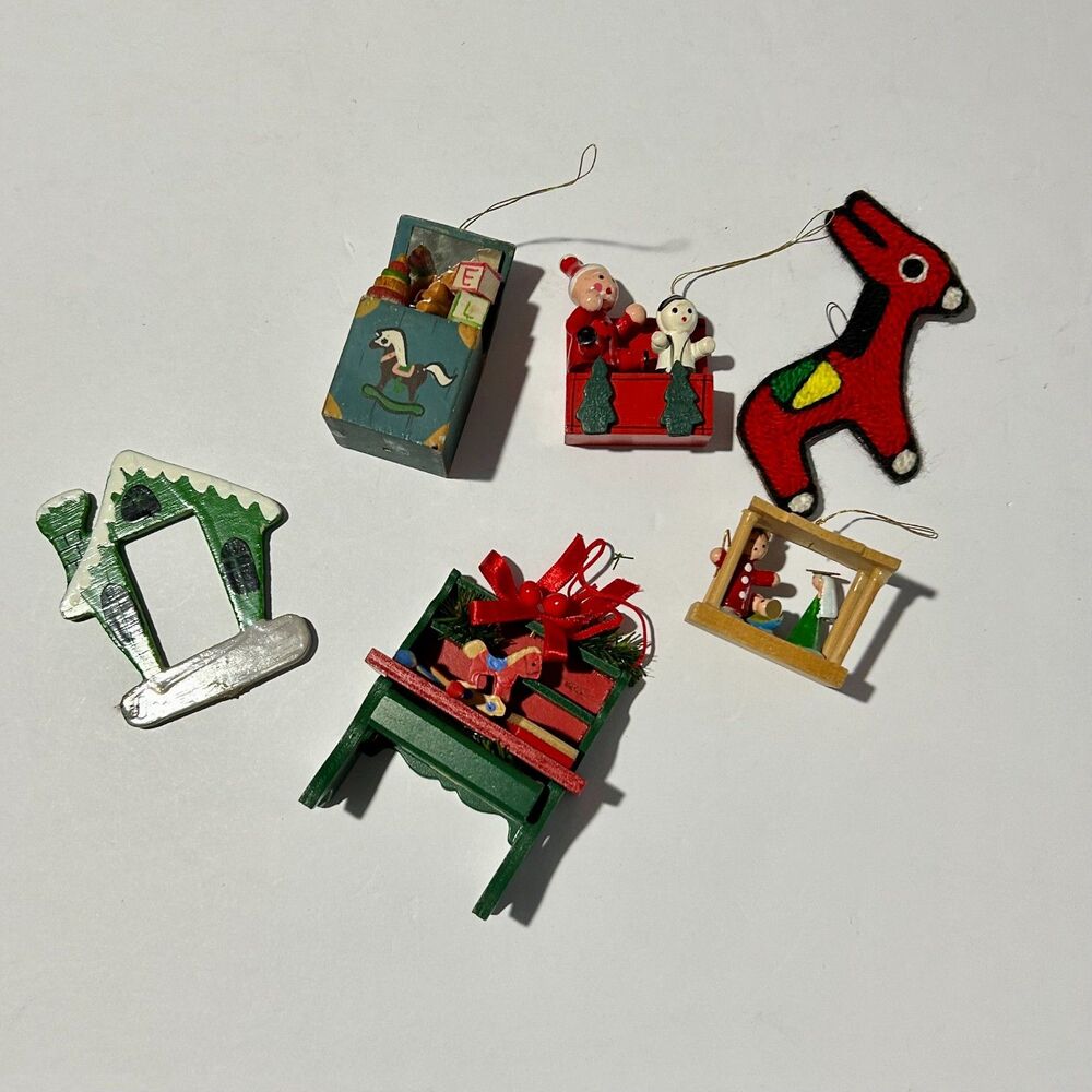 VTG 80s Wooden Christmas Ornament Lot, 6pc-Toy Bench, Chest, ect